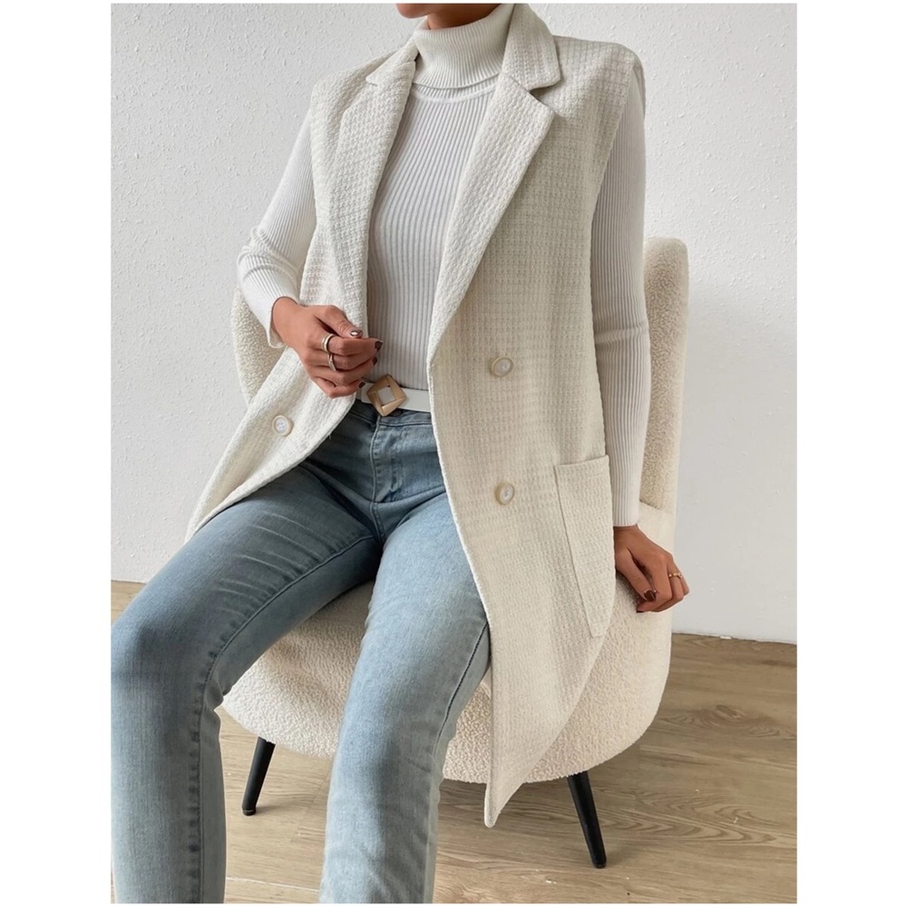 Classic Button up Double Breasted Textured Long Blazer Jacket - Picture 2 of 4